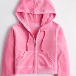 Hollister Pink Velour Full Zip Cropped Hoodie Sweatshirt Long Sleeve Soft